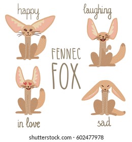 Vector illustration of cute happy fennec fox, beige brown, sitting, front view. Isolated on white background with hand drawn lettering. 