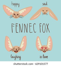 Vector illustration of cute happy fennec fox head with ears and whiskers, beige brown, front view. Light blue background with hand drawn lettering. 