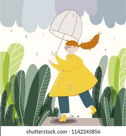 Vector illustration of cute happy girl female with red hair wearing yellow raincoat and boots walking with umbrella in a rainy day in autumn. Poster, decor of nursery room,  kids wear design.