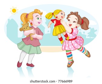 Vector illustration, cute happy girls playing, cartoon concept.