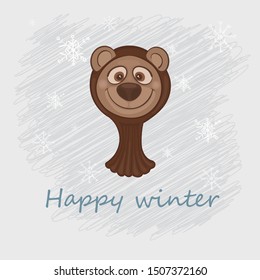Vector illustration of a cute happy gopher in a brown cap helmet on the gray background with white snowflakes and winter text.
