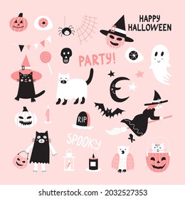 Ilustración vectorial con un lindo set de Feliz Halloween. Hand escribió Happy Halloween. Diseño de colores pastel.