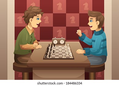 A vector illustration of cute happy kids playing chess