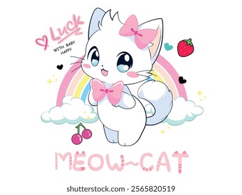 Vector illustration, cute happy kitten, stars and rainbow. Design for printing on shirt, poster, banner. Lovely print for t-shirt