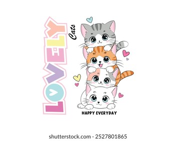 Vector illustration, cute and happy kittens. Design for printing on shirt, poster, banner. White text on pink background. Lovely print for t-shirt