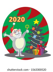 Vector illustration of cute happy mouse character with Christmas tree. Vector cartoon stock illustration.Winter holiday, Christmas eve concept. For prints, banners, stickers, cards