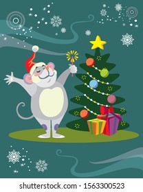 Vector illustration of cute happy mouse character standing near Christmas Tree. Vector cartoon stock illustration.Winter holiday, Christmas eve concept. For prints, banners, stickers, cards