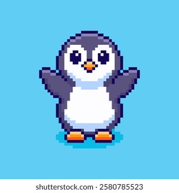 Vector Illustration of Cute Happy Penguin with Pixel Art Design, perfect for game assets themed designs