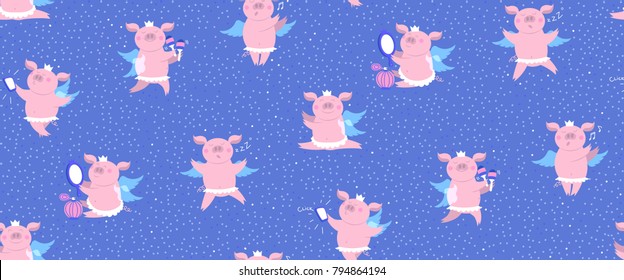Vector illustration of cute happy piggy princess in crown, wings and tutu. Seamless pattern of funny piglet - pig makes selfie, sleeping pig, dancing pig, singing pig. Illustration pattern for kids