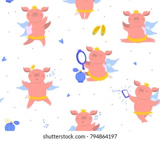 Vector illustration of cute happy piggy princess in crown, wings and tutu. Seamless pattern of funny piglet - pig makes selfie, sleeping pig, dancing pig, singing pig. Illustration pattern for kids