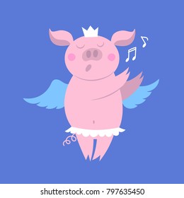 Vector illustration of cute happy piggy princess in crown, wings and tutu. Funny piglet singing. Illustration for kids. Violet background