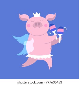 Vector illustration of cute happy piggy princess in crown, wings and tutu. Funny piglet playing on maracas. Illustration for kids. Violet background