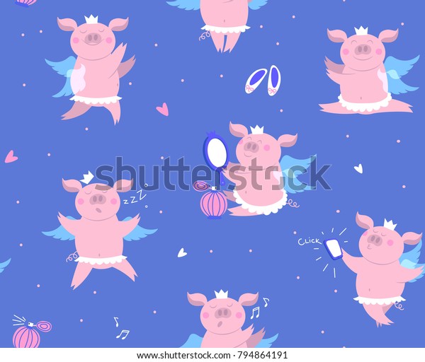 王冠 翼 ツゥのかわいい幸せなお姫様のベクターイラスト シームレスな面白い子豚の柄 自撮り 眠る子豚 踊る子豚 歌う子豚 子ども用のイラストパターン のベクター画像素材 ロイヤリティフリー