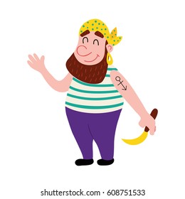 vector illustration of a cute happy pirate waving his hand, isolated background