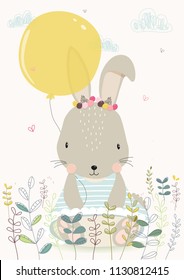 Vector illustration of cute happy rabbit wears blue dress with white stripes, with yellow balloon. Hand drawing bunny, poster for baby, decor of nursery room. Baby shower, wallpaper, kids wear design.