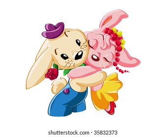 Vector illustration, cute happy rabbits cartoon.