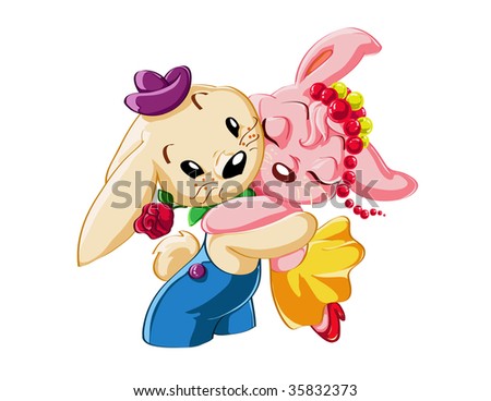 Vector illustration, cute happy rabbits cartoon.
