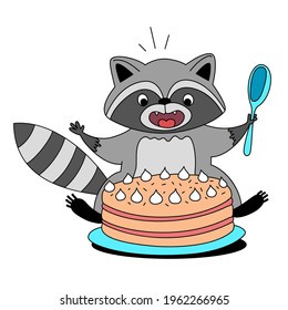 Vector illustration of cute happy raccoon with spoon and cake on white color background