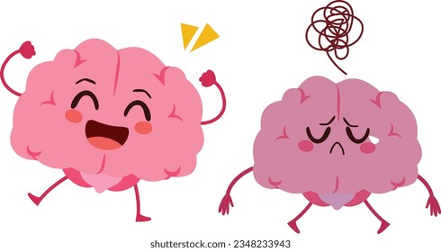 Vector illustration of cute happy and sad brain characters mascot. Healthy mind and psychological disorder concept. Depression and serotonin