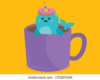 A vector illustration of a cute happy smiling narwhal swimming in a coffee mug with a donut on its horn