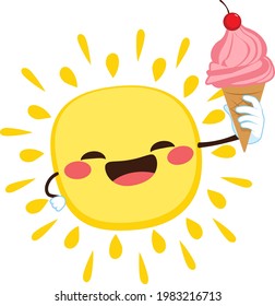 Ilustración vectorial del lindo y feliz personaje del sol sosteniendo helado de fresa sundae con cereza en la parte superior