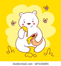 Vector illustration of cute happy white bear eating honey from paw on yellow color background with honey pot and bee