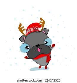 vector illustration of cute happy-christmas-Grey-bulldog  cartoon  drawing style