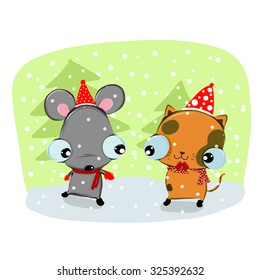 vector illustration of cute happy-Christmas-rat-and-cat  cartoon  drawing style