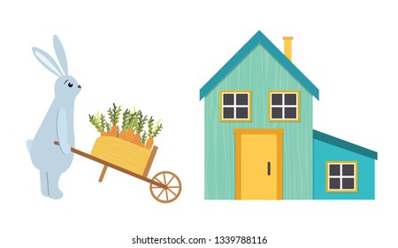 Vector illustration cute hare character with a wheelbarrow full of carrots and his blue lovely house. Elements ready to use in greeting cards, booklets, advertisement, banners, posters