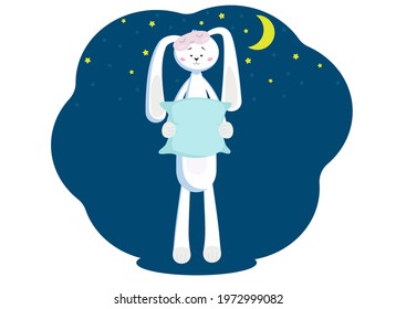 Vector illustration of a cute hare with long ears against a night sky background of stars and the moon. Hare with pillow and sleep mask