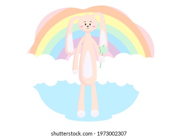 Vector illustration of a cute hare on a rainbow background of clouds, holds a magic wand in his paw. Nursery concept 