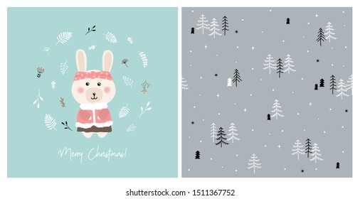 Vector illustration of a cute hare and seamless pattern with trees. Cute animals illustration