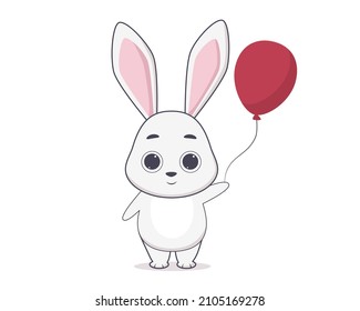 Vector illustration of a cute hare. White rabbit with a balloon in cartoon style. Isolated on white background. Year of the rabbit. Stickers and cards with animals
