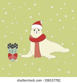 Vector illustration of a cute Harp seal with a personal Christmas gift. Christmas background.
