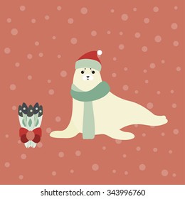 Vector illustration of a cute Harp seal with a personal Christmas gift. Christmas background.