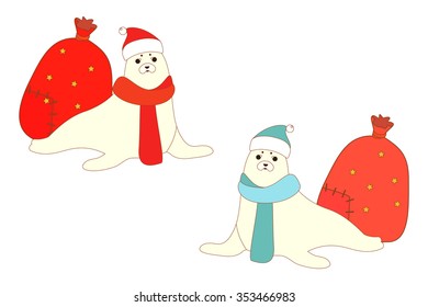 Vector illustration of a cute harp seals and a Santa sacks. Christmas background.