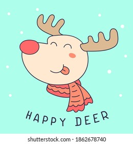 Vector illustration of cute head of happy deer with scarf on green color background with snow