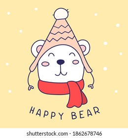 Vector illustration of cute head of happy bear with hat and scarf on color background with snow