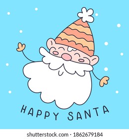 Ilustración vectorial de la linda cabeza de feliz santa claus con sombrero y barba sobre fondo de color azul con nieve