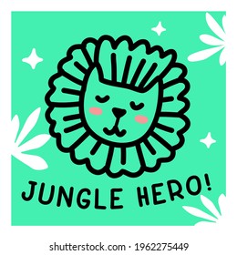 Vector illustration of cute head of lion on green color background