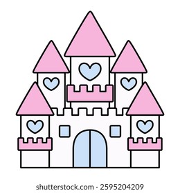 Vector illustration of a cute heart castle. Fairy tale, fancy, line