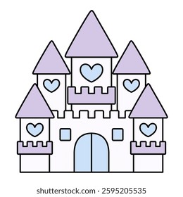 Vector illustration of a cute heart castle. Fairy tale, fancy, line