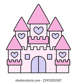 Vector illustration of a cute heart castle. Fairy tale, fancy, line
