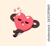 Vector illustration of a cute heart character sleeping peacefully. Cartoon heart with closed eyes, relaxed pose, and drooling. Ideal for concepts of rest.