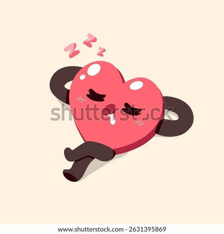 Vector illustration of a cute heart character sleeping peacefully. Cartoon heart with closed eyes, relaxed pose, and drooling. Ideal for concepts of rest.