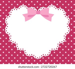 Ilustración vectorial de un lindo marco de encaje de corazón con cinta. Punto, encantador, patrón de lunares