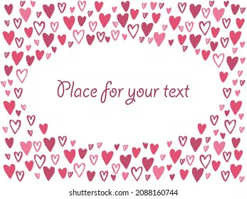 Vector illustration, cute hearts background with place for your text. Rectangular template for Valentines day design. Frame with hand drawn little hearts for banners, cards, invitations