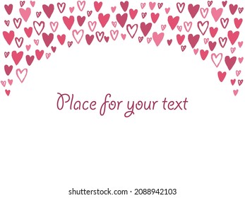 Ilustración vectorial, fondo de corazones bonitos con lugar para el texto. Plantilla rectangular para el diseño de San Valentín. Marco con corazoncitos dibujados a mano para carteles, cartas, invitaciones