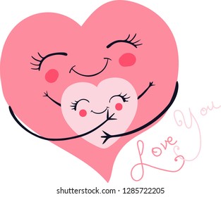 Vector Illustration with cute hearts hugging and love you wording