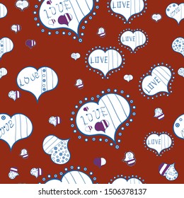 Vector illustration. Cute hearts love on white, red and blue colors on nice background. Seamless Sixties style mod pop art psychedelic colorful Love text design.